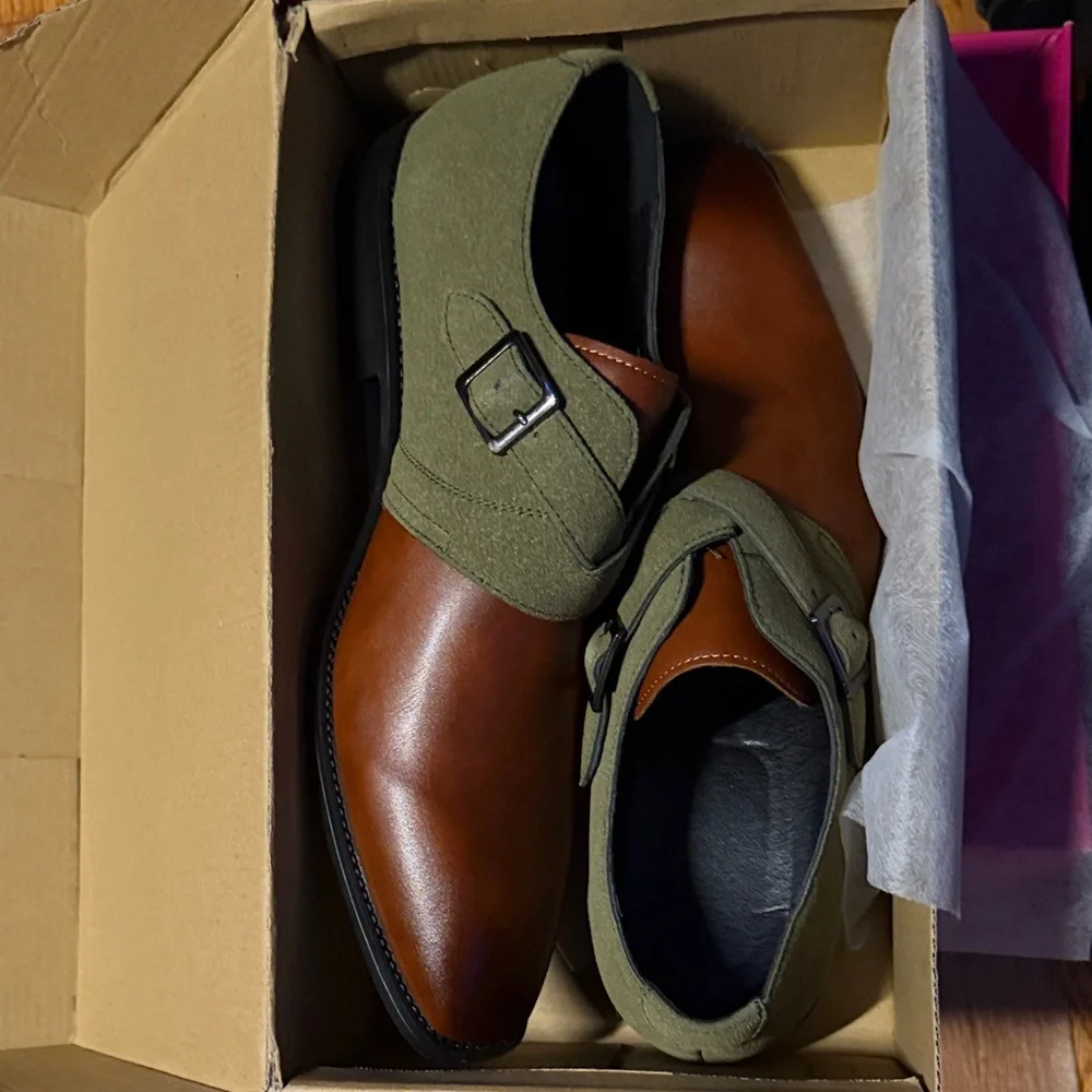 Men's Two-Tone Monk Strap Dress Shoes - Brown & Olive - Picture 1 of 4